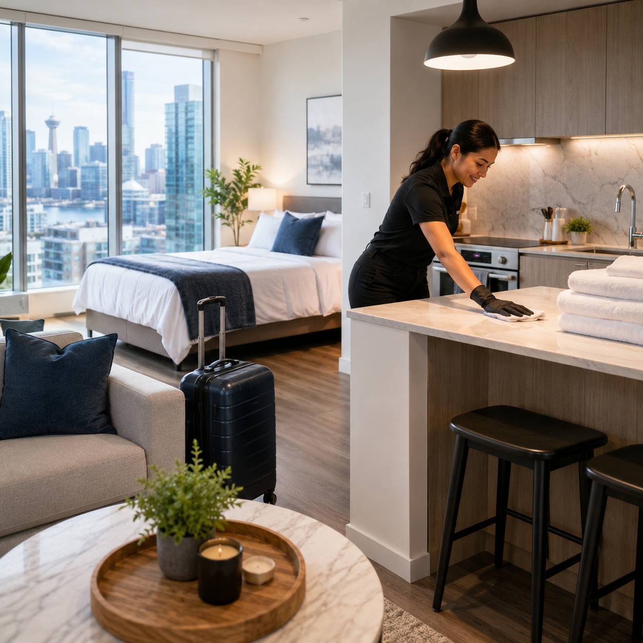 Professional Airbnb cleaning service in a bright Vancouver short-term rental apartment
